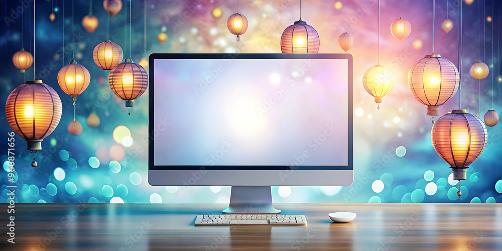 Mid Autumn Festival Concept: Desktop Computer on Holographic Background with Lanterns, Wide Shot, Copy Space Available on Screen Mid Autumn Festival Concept: Desktop Computer on Holographic Background with Lanterns, Wide Shot, Copy Space Available on Screen