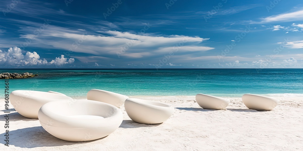 Obraz premium A luxury beach club with an abstract design, its modern loungers arranged on the white sand, facing the sea. copy space for text.
