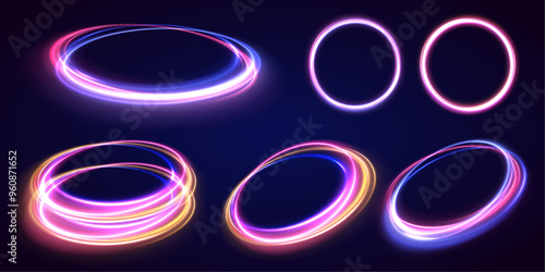 Shine round frame with light circles light effect.	 Round blue light twisted, Suitable for product advertising, product design, and other. Neon ellipse in the form of speed. 