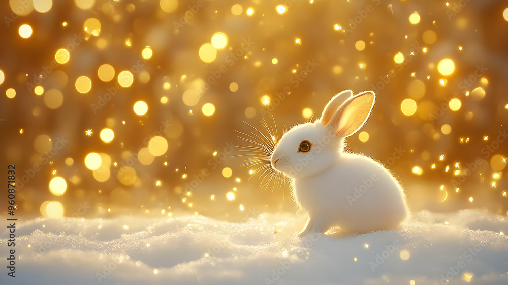Cute White Rabbit in Snowy Winter Wonderland with Golden Bokeh Lights Cute White Rabbit in Snowy Winter Wonderland with Golden Bokeh Lights
