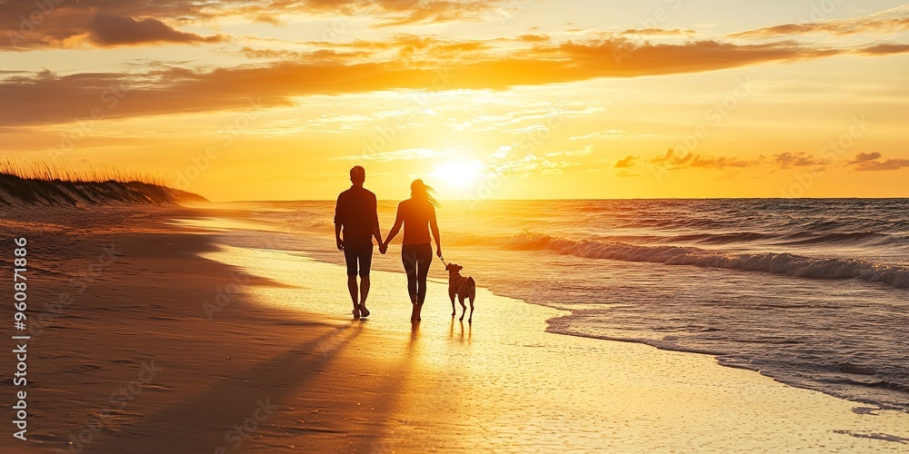 Fototapeta premium Senior couple with dog walking on the sandy beach sunset view