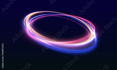 Energy flow tunnel. Blue portal, platform. Brilliant galaxy light blue ellipse glowing podium. Abstract bright neon loop with transparency. Night road speed illustration.