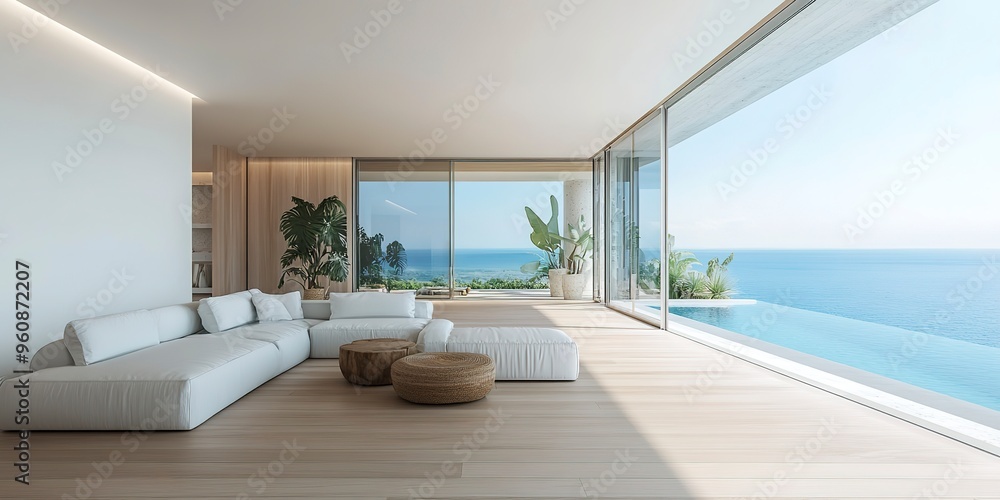Naklejka premium Sea view empty large living room of luxury summer beach house with swimming pool near wooden terrace. Big white wall background in vacation home or holiday villa. Hotel interior 