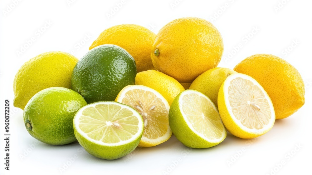 Fresh lemons and limes, whole and sliced to display their vibrant colors and juicy flesh, isolated on a white background Fresh lemons and limes, whole and sliced to display their vibrant colors and juicy flesh, isolated on a white background