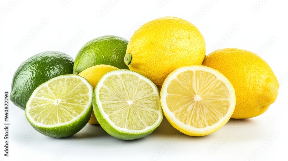 Fresh lemons and limes, whole and sliced to display their vibrant colors and juicy flesh, isolated on a white background Fresh lemons and limes, whole and sliced to display their vibrant colors and juicy flesh, isolated on a white background