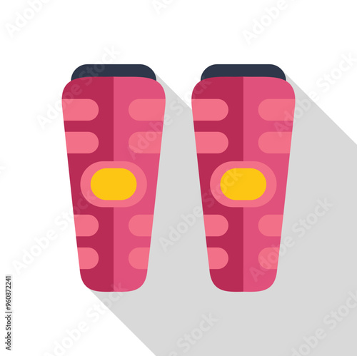 Pink shin guards with a yellow circle in the middle, providing protection to athletes during sports