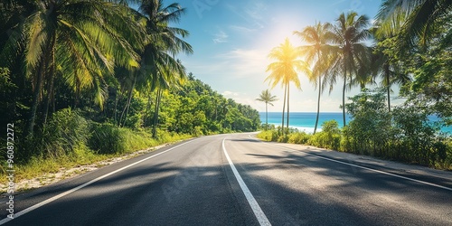 Empty highway, dense tropical forest on one side of the road and sea coast on the other, blue water, clear sunny day, bright rays, incredible nature