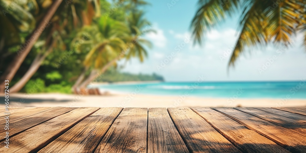 Empty wooden table with blurred beach with coconut trees in the background Empty wooden table with blurred beach with coconut trees in the background