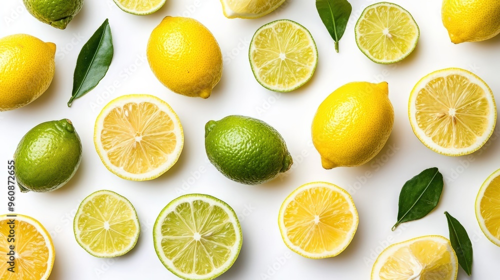 Fresh lemons and limes, whole and sliced, with their vibrant colors, isolated on a white background Fresh lemons and limes, whole and sliced, with their vibrant colors, isolated on a white background