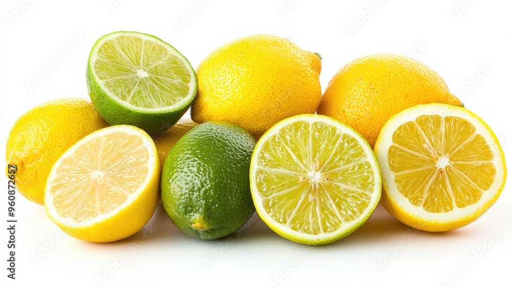 Fresh lemons and limes, whole and sliced, with their vibrant colors, isolated on a white background Fresh lemons and limes, whole and sliced, with their vibrant colors, isolated on a white background