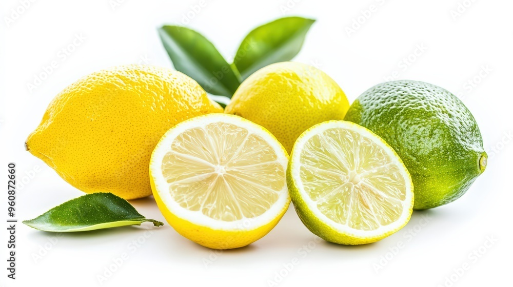 Fresh lemons and limes, whole and sliced, with their vibrant yellow and green colors, isolated on a white background Fresh lemons and limes, whole and sliced, with their vibrant yellow and green colors, isolated on a white background