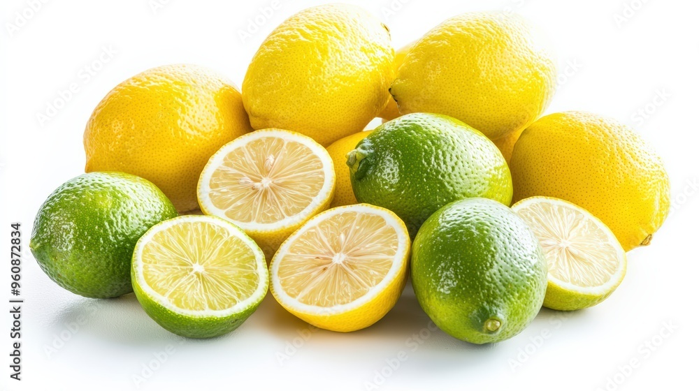 Fresh lemons and limes, whole and sliced, with their vibrant yellow and green colors, isolated on a white background Fresh lemons and limes, whole and sliced, with their vibrant yellow and green colors, isolated on a white background