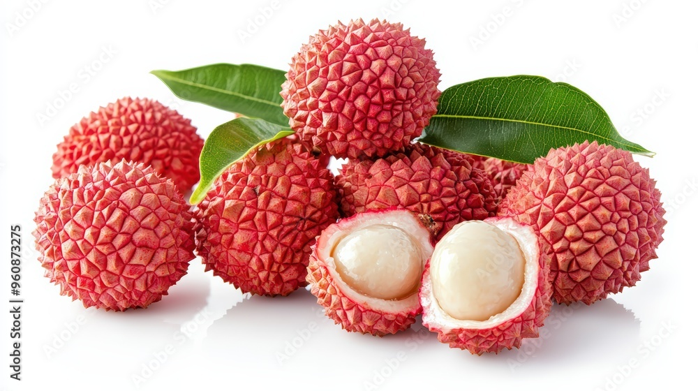 Fresh lychees with vibrant red skin, some peeled to reveal the juicy flesh, isolated on white Fresh lychees with vibrant red skin, some peeled to reveal the juicy flesh, isolated on white