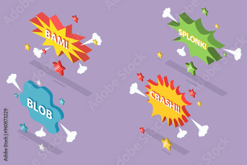 3D Isometric Flat Vector Illustration of Comic Sound Effects , Speech Bubbles with Dot Pattern