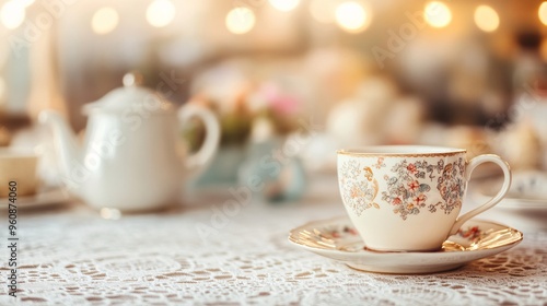 A delicate porcelain teacup with floral patterns sits elegantly on a lace tablecloth.