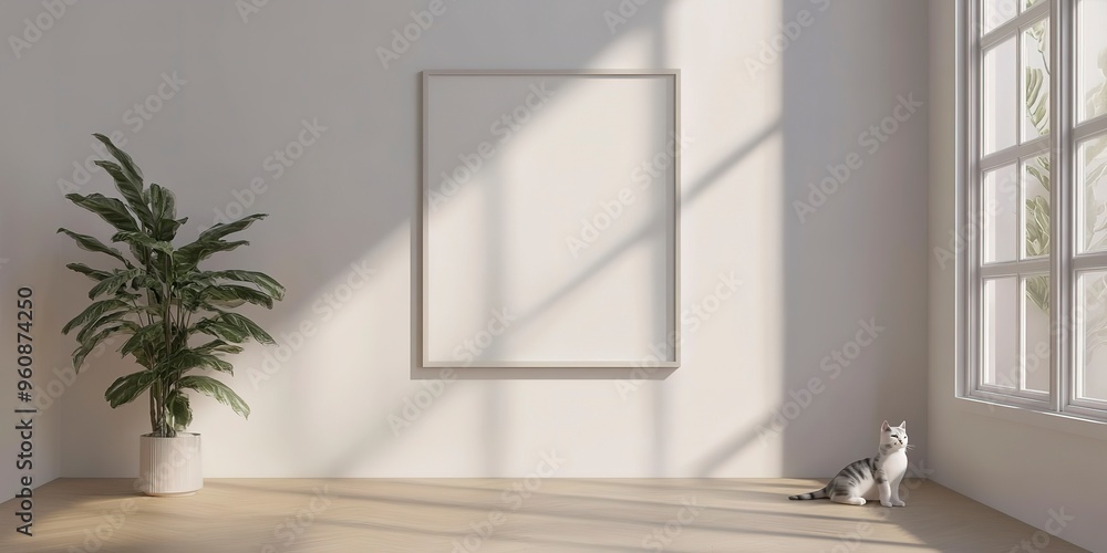 Fototapeta premium Frame or Poster mock up in living room and cat with window shadow on white wall background.