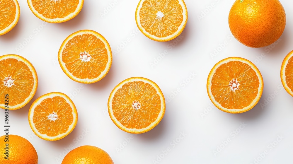 Fresh oranges, both whole and sliced, showcasing their vibrant orange skin and juicy flesh, isolated on white Fresh oranges, both whole and sliced, showcasing their vibrant orange skin and juicy flesh, isolated on white