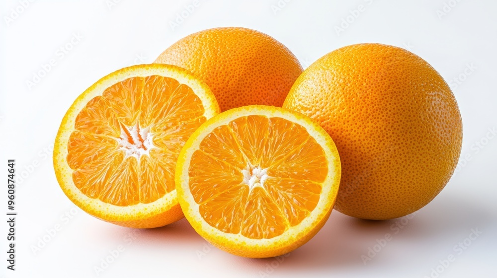 Fresh oranges, whole and sliced, isolated on a white background, showcasing their bright color and premium export quality Fresh oranges, whole and sliced, isolated on a white background, showcasing their bright color and premium export quality