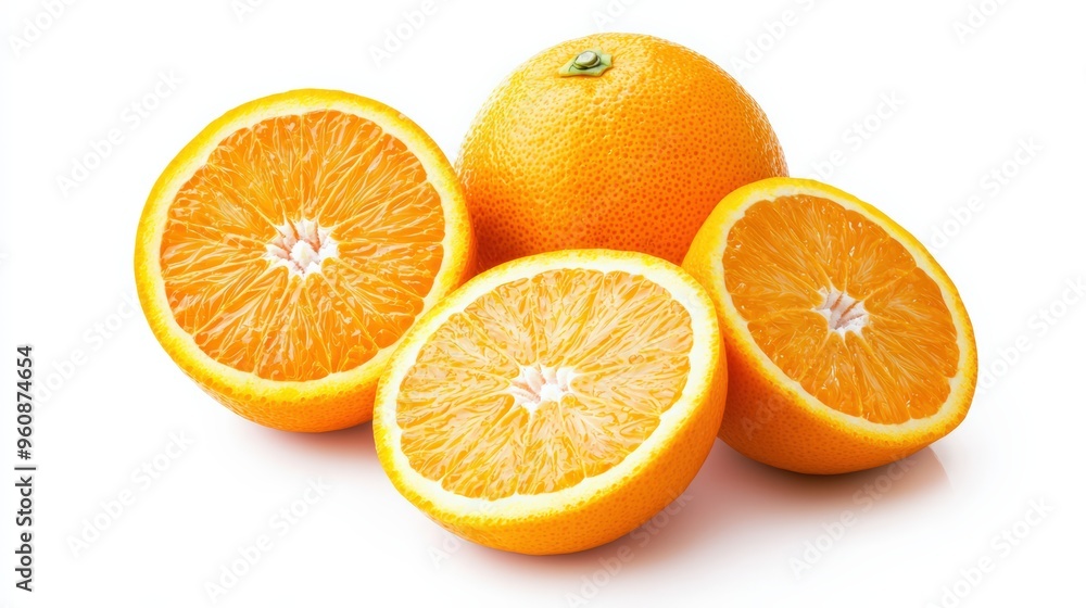 Fresh oranges, whole and sliced, isolated on a white background, showcasing their bright color and premium export quality Fresh oranges, whole and sliced, isolated on a white background, showcasing their bright color and premium export quality
