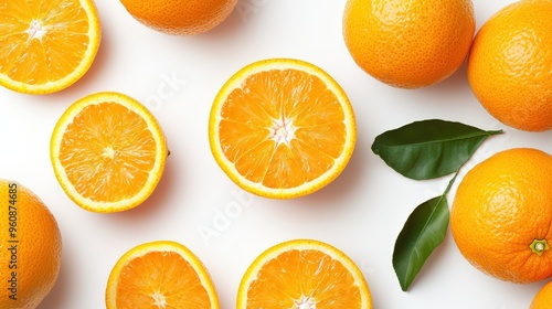 Fresh oranges, whole and sliced, isolated on a white background, showcasing their bright color and premium export quality