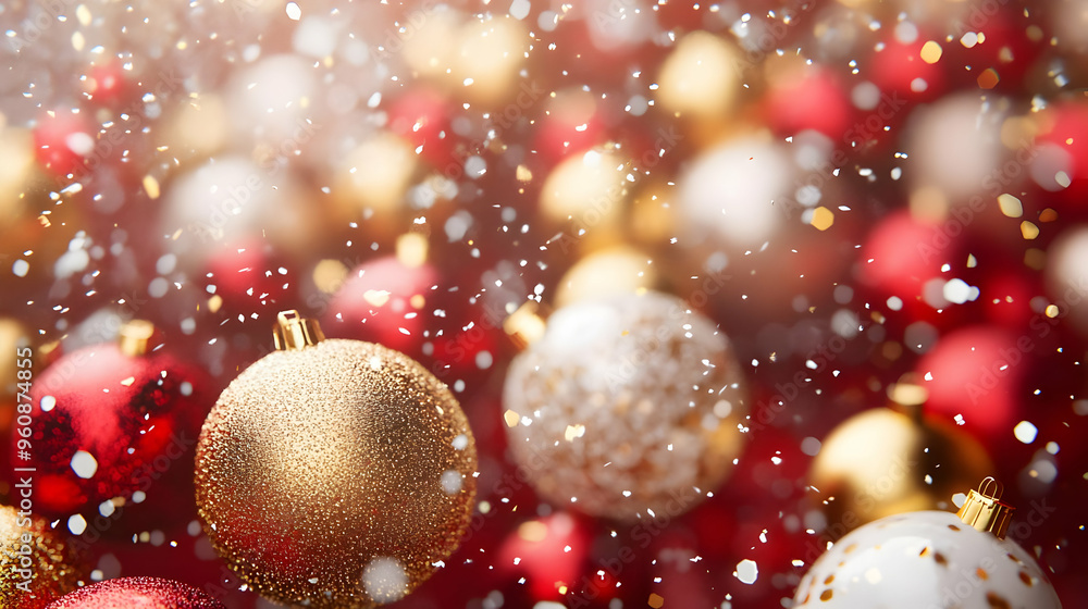 Festive Christmas Baubles with Gold and White Glitter Snow Festive Christmas Baubles with Gold and White Glitter Snow
