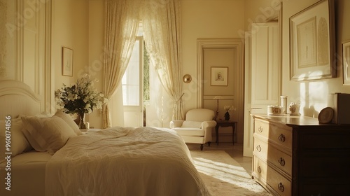 Peaceful and Serene Cream Colored Bedroom with Elegant Off White Furniture and Tranquil Minimalist Decor