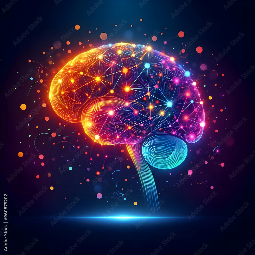 Flat Glowing Abstract Digital Brain with Floating Data Nodes Concept in ...