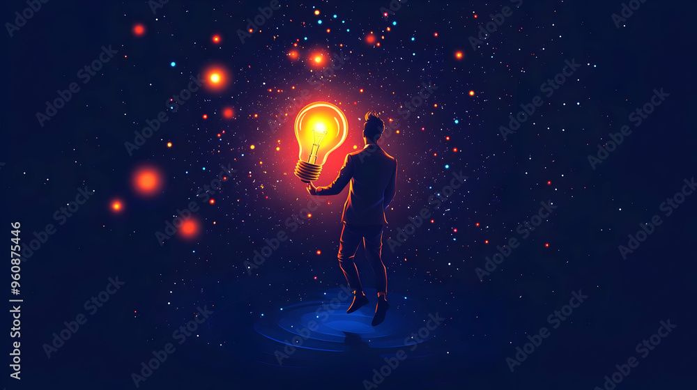 Man Holding Lightbulb In Space With Stars And Galaxy Man Holding Lightbulb In Space With Stars And Galaxy