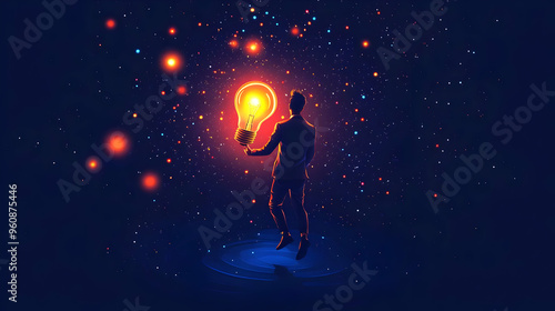 Man Holding Lightbulb In Space With Stars And Galaxy