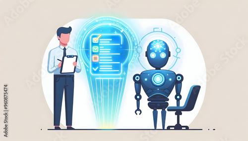 Flat Holographic AI Robot with Floating Task List and Copy Space for Futuristic Automation Technology Concept - Smart Business Flat Vector Illustration