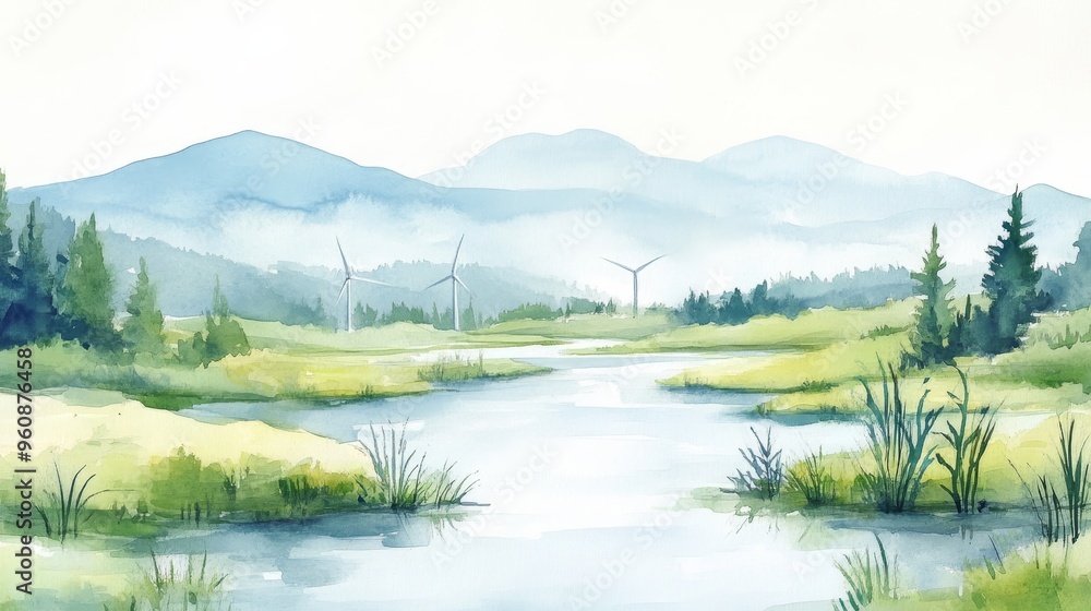 Fototapeta premium Wind turbines gracefully turning in a peaceful mountain valley, gentle river mist curling into the air, painted in soft, ethereal watercolors