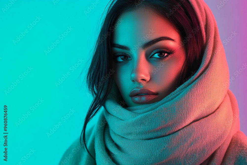 Stylish Womans Light Gray Scarf with Solid Neon Aqua Background Bold Fashion Portrait with Vibrant Appeal Stylish Womans Light Gray Scarf with Solid Neon Aqua Background Bold Fashion Portrait with Vibrant Appeal