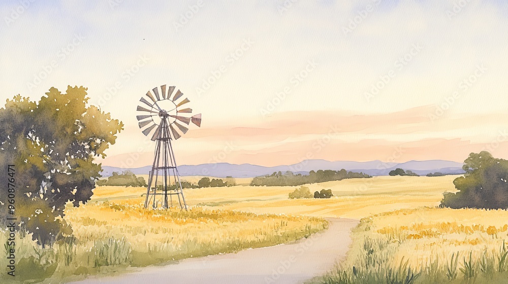Tranquil sunset over a windmill, surrounded by yellow fields, watercolor blending warm tones across the countryside as day fades to night Tranquil sunset over a windmill, surrounded by yellow fields, watercolor blending warm tones across the countryside as day fades to night