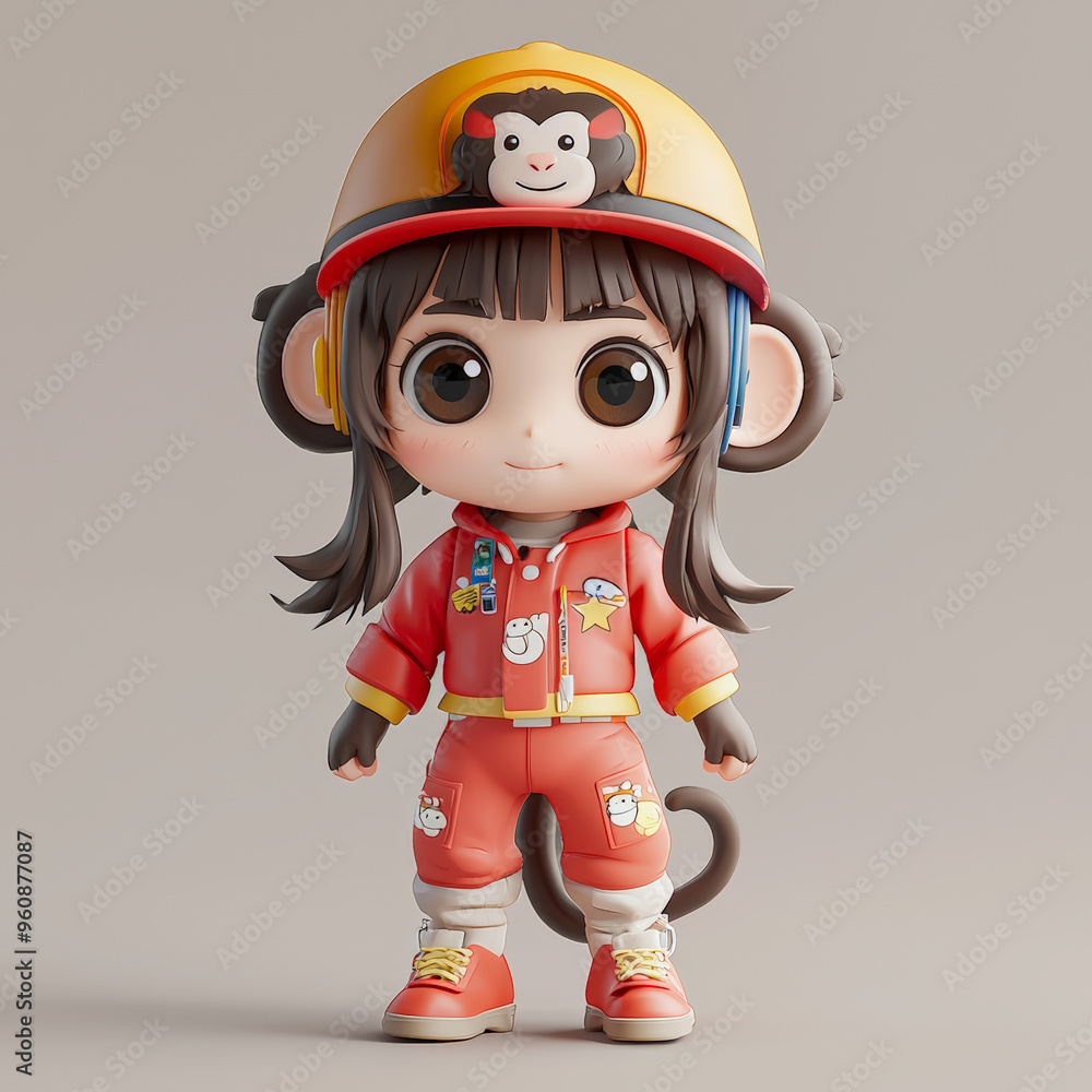 Cute girl wearing monkey themed hat and outfit, embodying playful spirit of Chinese zodiac. Cute girl wearing monkey themed hat and outfit, embodying playful spirit of Chinese zodiac.