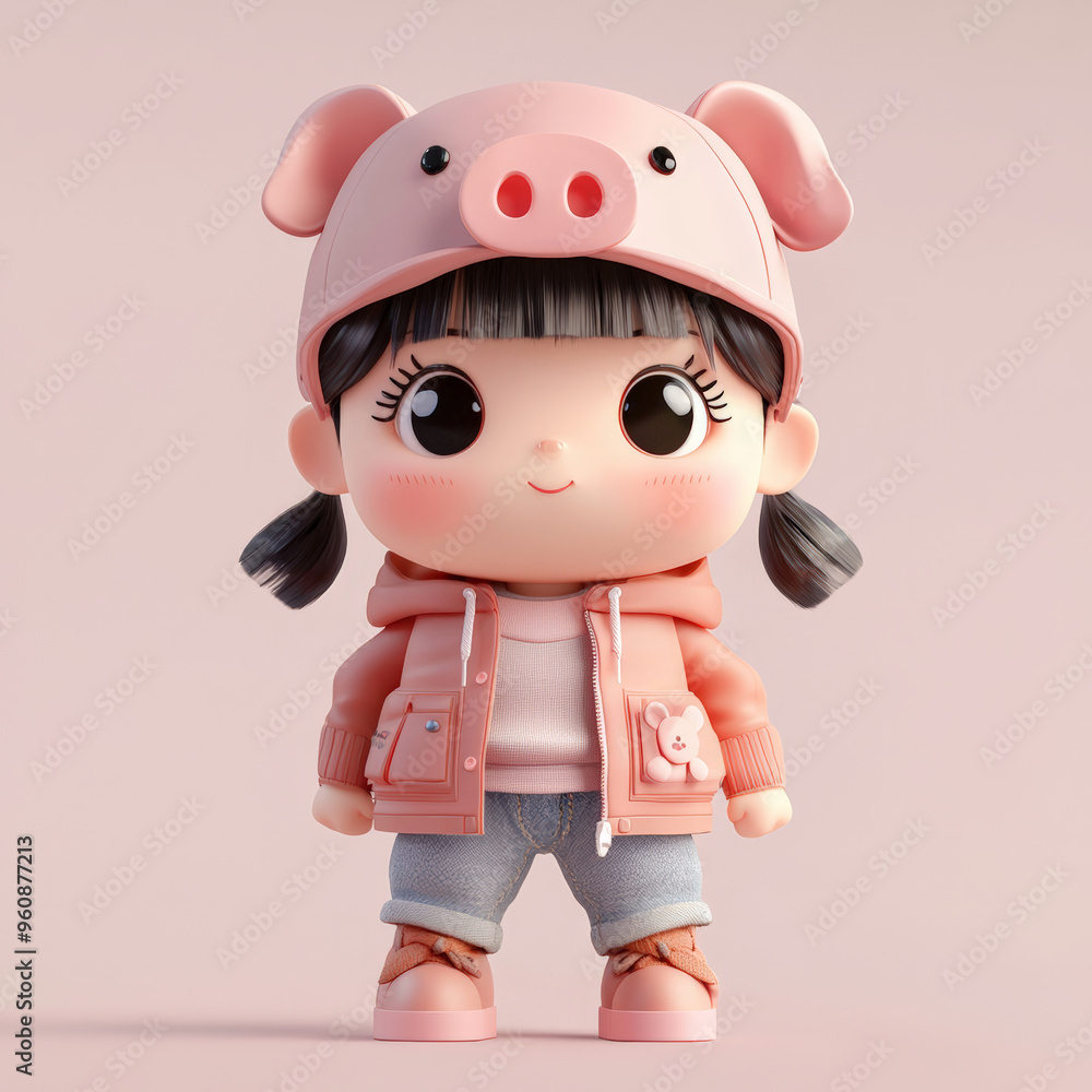 Cute girl wearing pig hat, pink jacket, and denim shorts, exuding playful charm. Cute girl wearing pig hat, pink jacket, and denim shorts, exuding playful charm.