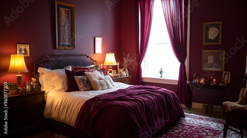 Elegant and Sophisticated Maroon Toned Bedroom with Luxurious Furnishings and Decor Creating a Calming and Inviting Atmosphere for Relaxation and Comfort photo