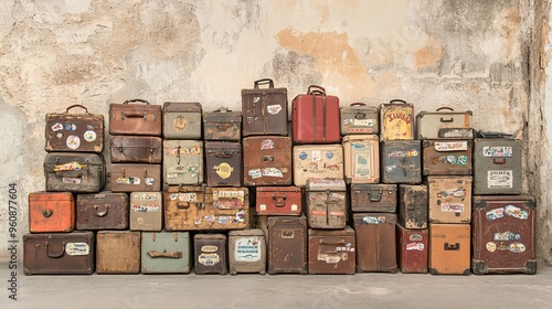 An eclectic collection of vintage luggage stacked against a weathered wall, showcasing travel history.