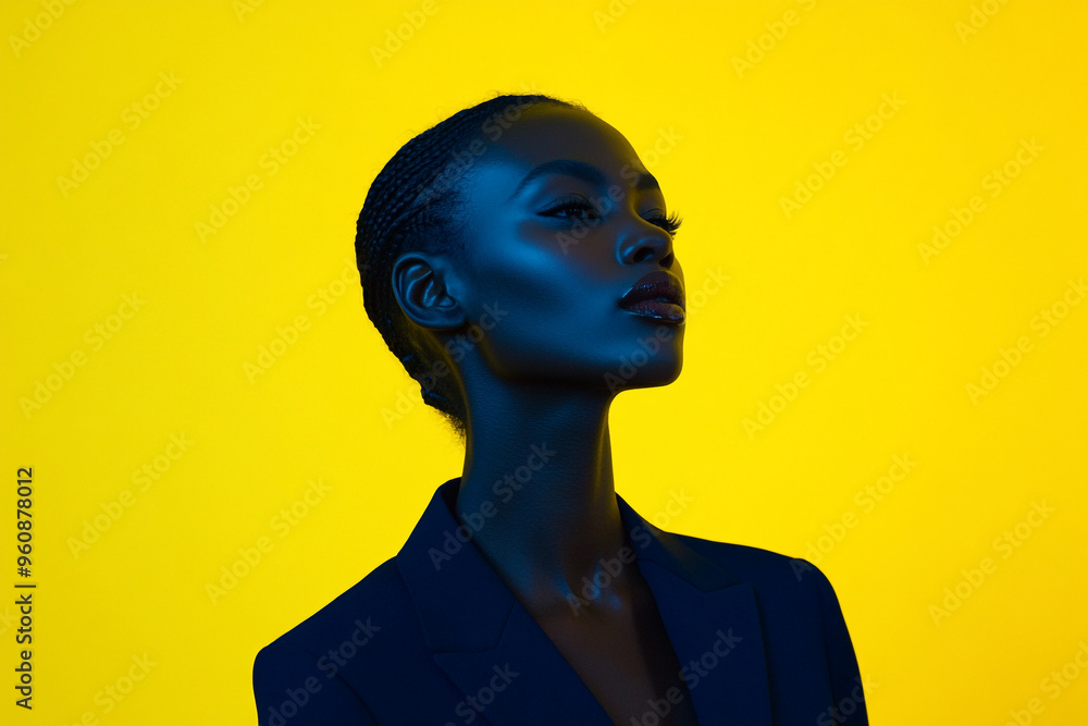 Fashionable Woman in Navy Blue Suit with Solid Neon Yellow Background Trendsetting Portrait Fashionable Woman in Navy Blue Suit with Solid Neon Yellow Background Trendsetting Portrait