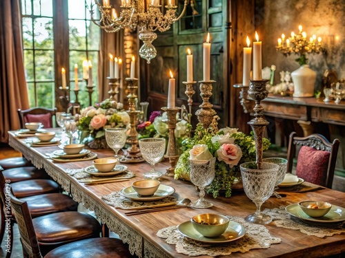 Vintage-inspired dinner party with distressed wooden tables, lace overlays, and ornate metal centerpieces showcasing elaborate Victorian-era inspired cuisine