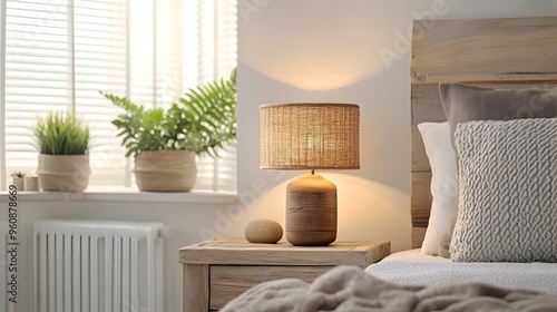 Rustic wooden bedside lamp with a warm natural aesthetic perfectly complements the farmhouse inspired decor of this cozy bedroom space photo