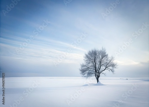 arctic tundra vast snow expanse minimalist composition stark simplicity lonely treescape monochromatic color palette cold desolate atmosphere hauntingly beautiful isolation photo