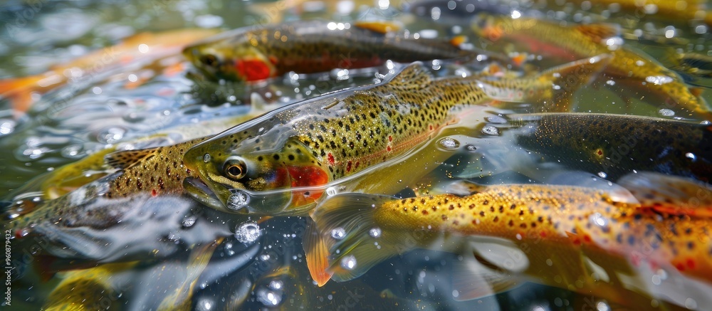 Fototapeta premium Close Up Of Trout Fish In An Artificial Pond Breeding Of Trout For Food Industry Masukiye Kocaeli Turkey