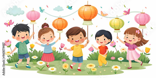 Joyful Children Playing in Mid Autumn Festival Garden with Lanterns and Flowers - Flat Vector Illustration in Smart Business Tone