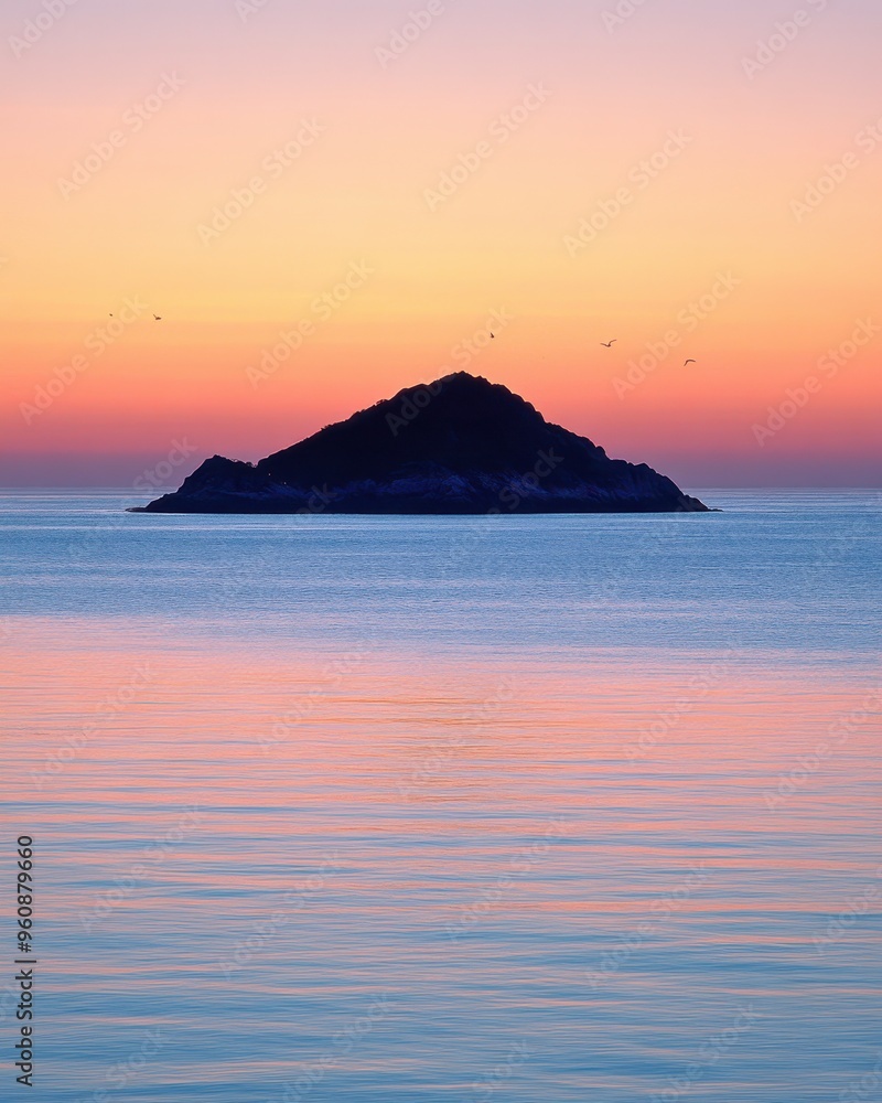 Tranquil Island Sunset Over Still Waters: A Serene Evening Scene of a Lone Island Against a Colorful, Peaceful Dusk Sky Reflection Tranquil Island Sunset Over Still Waters: A Serene Evening Scene of a Lone Island Against a Colorful, Peaceful Dusk Sky Reflection