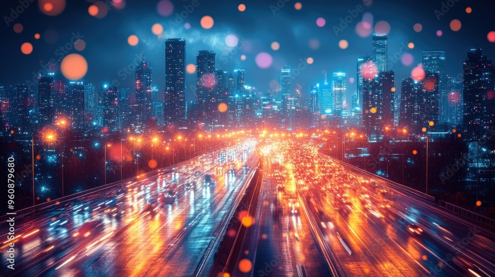 Fototapeta premium Nighttime view of a city with illuminated skyscrapers and a busy highway.