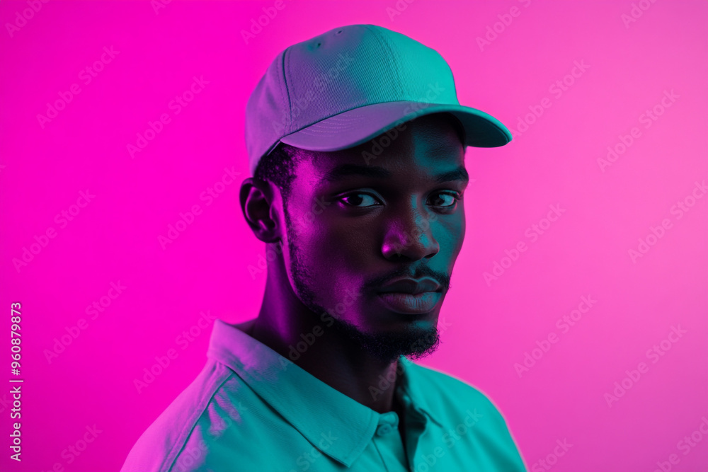 Trendsetting Men in Mountain Green Cap with Solid Neon Purple Background Fashionable Lifestyle Portrait Trendsetting Men in Mountain Green Cap with Solid Neon Purple Background Fashionable Lifestyle Portrait