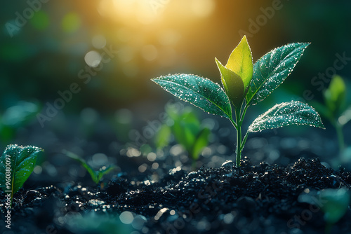 A plant going through the cycle of photosynthesis, capturing sunlight, and releasing oxygen, demonstrating natural processes. Concept of biology and energy.