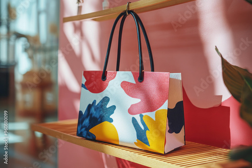Wallpaper Mural A colorful shopping bag with creative pattern is displayed on shelf, showcasing its vibrant design against pink background... Torontodigital.ca