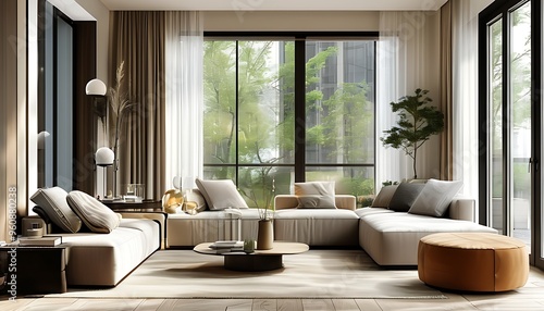 The modern living room design, equipped with comfortable sofas and bright windows, creates a warm family atmosphere.