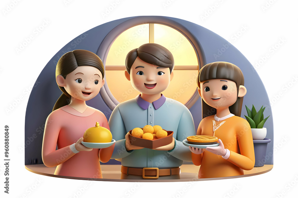 Flat Vector Illustration: Family Sharing Mooncakes in Cozy Setting During Mid Autumn Festival - Candid Shot Capturing Genuine Emotions and Interactions in Warm Natural Light with Business Tone Flat Vector Illustration: Family Sharing Mooncakes in Cozy Setting During Mid Autumn Festival - Candid Shot Capturing Genuine Emotions and Interactions in Warm Natural Light with Business Tone
